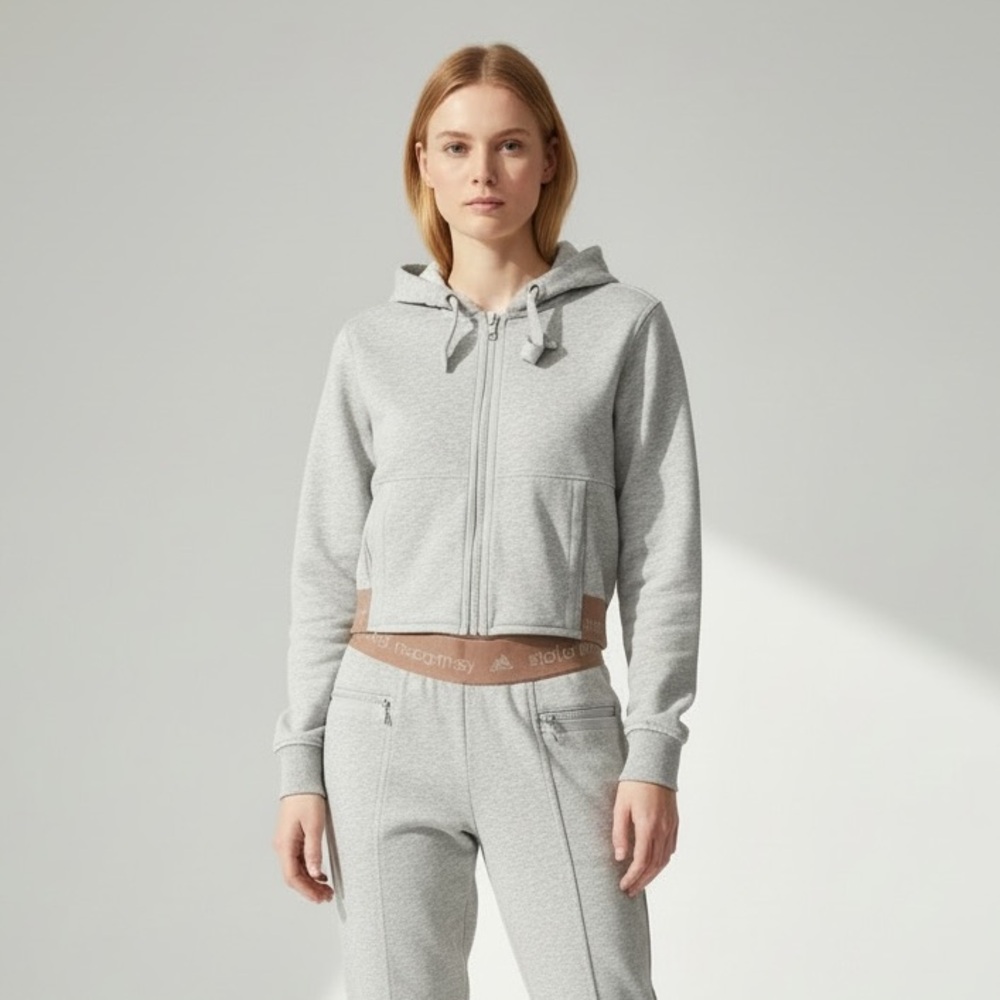 Stella McCartney Light Gray Cropped Zip Hoodie with Tan Waistband